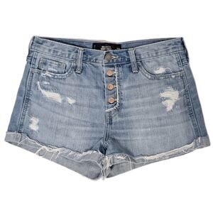 Hollister California Women's stretch Blue Denim Short Hi Rise Distressed size 28